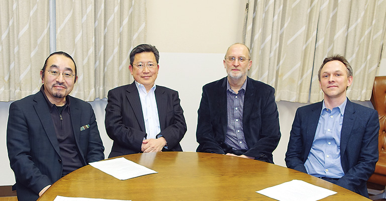 Meeting between (from the left) Chairperson of the Department, Prof. Hiroaki Suga, Vice-Dean of the School of Science, Prof. Yamanouchi (the University of Tokyo), Department Chairperson Prof. Donald Hilvert and Laboratory Head Prof. Jeffrey Bode (ETH Zürich)