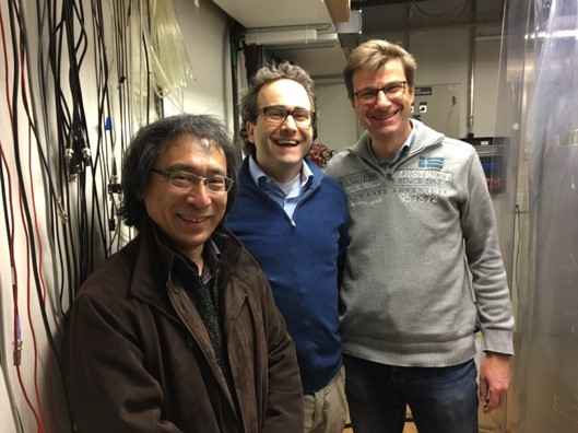 From left:  Prof. Sakemi, Prof. Kirch, and Dr. Antognini in the laser laboratory